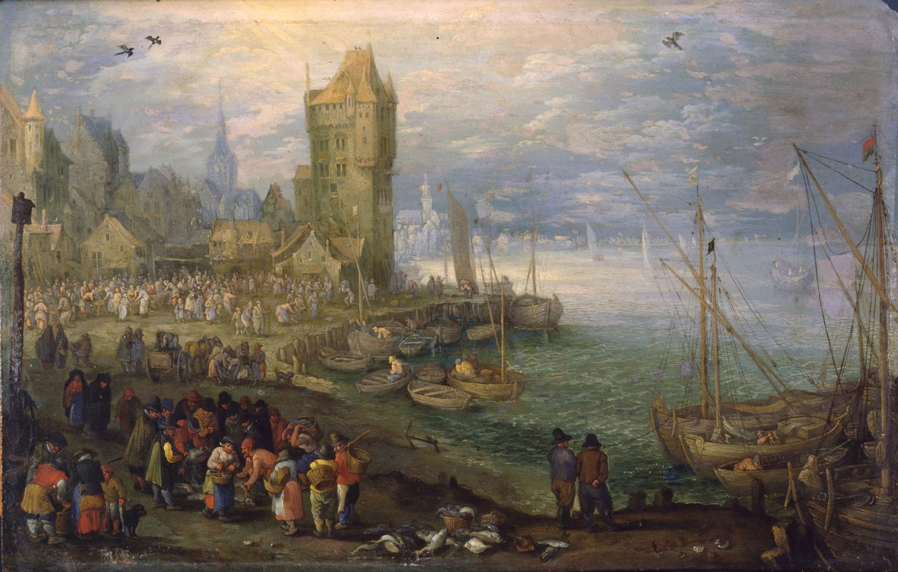 Vismarkt bij een haven von Jan Brueghel the Elder