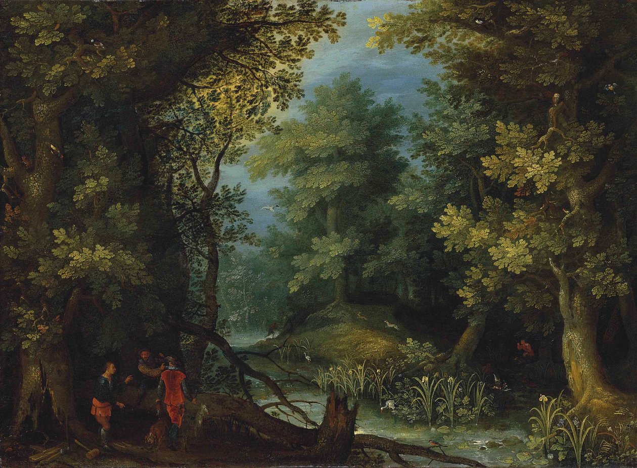 Jäger mit Hunden an einem Bach in einer bewaldeten Landschaft von Jan Brueghel the Elder