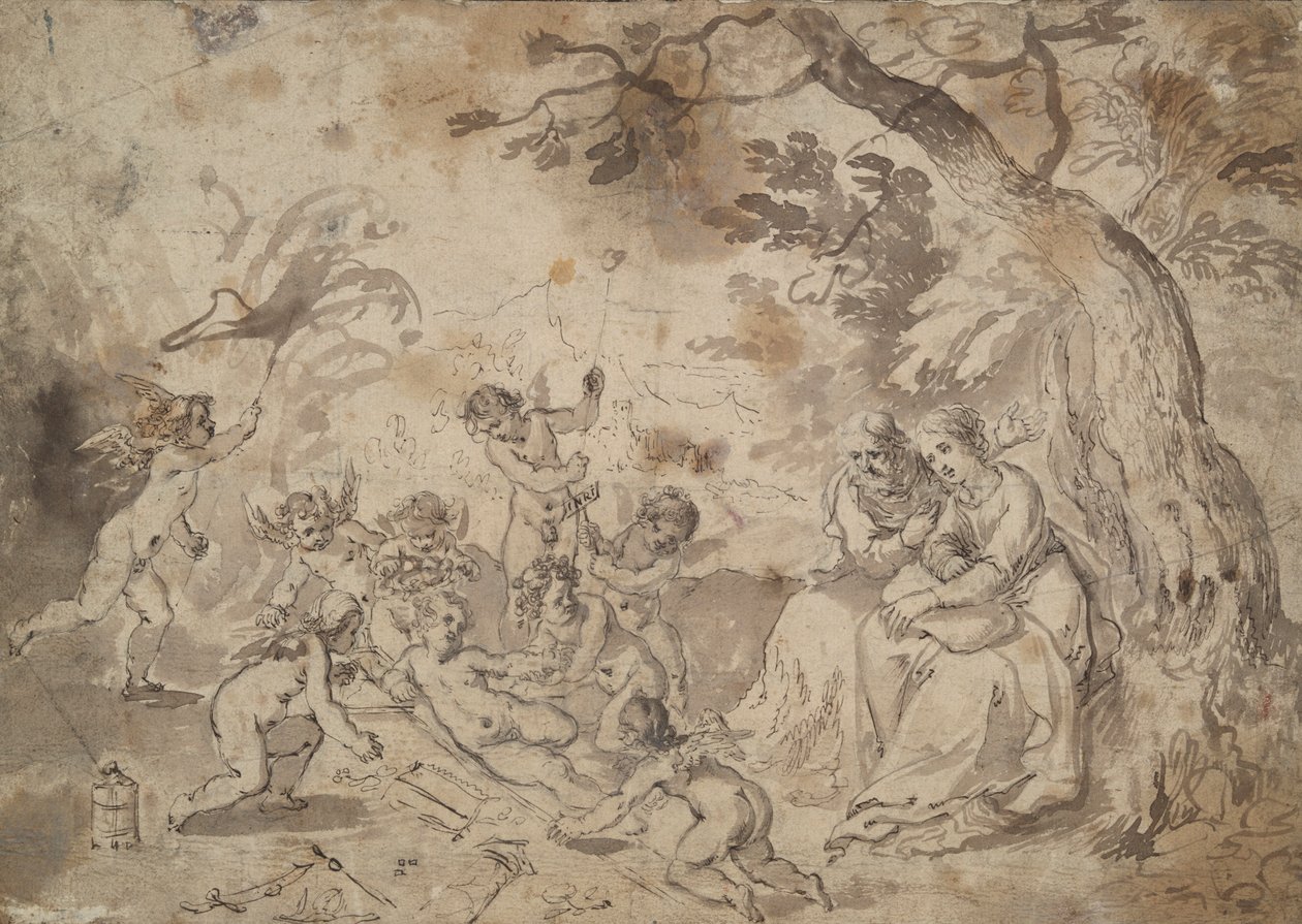Die Jungfrau Maria und St. Joseph und das Christkind, St. Johannes und Engel spielen mit den Instrumenten der Passion von Jan Brueghel the Elder