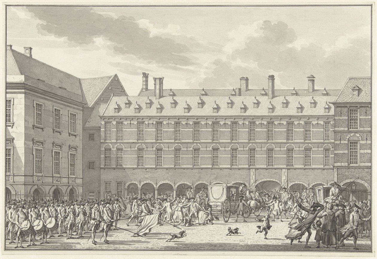 Unruhen, als die Abgeordneten von Dordrecht durch das Stadhouderspoort am Binnenhof fahren, 1786 von Jan Bulthuis