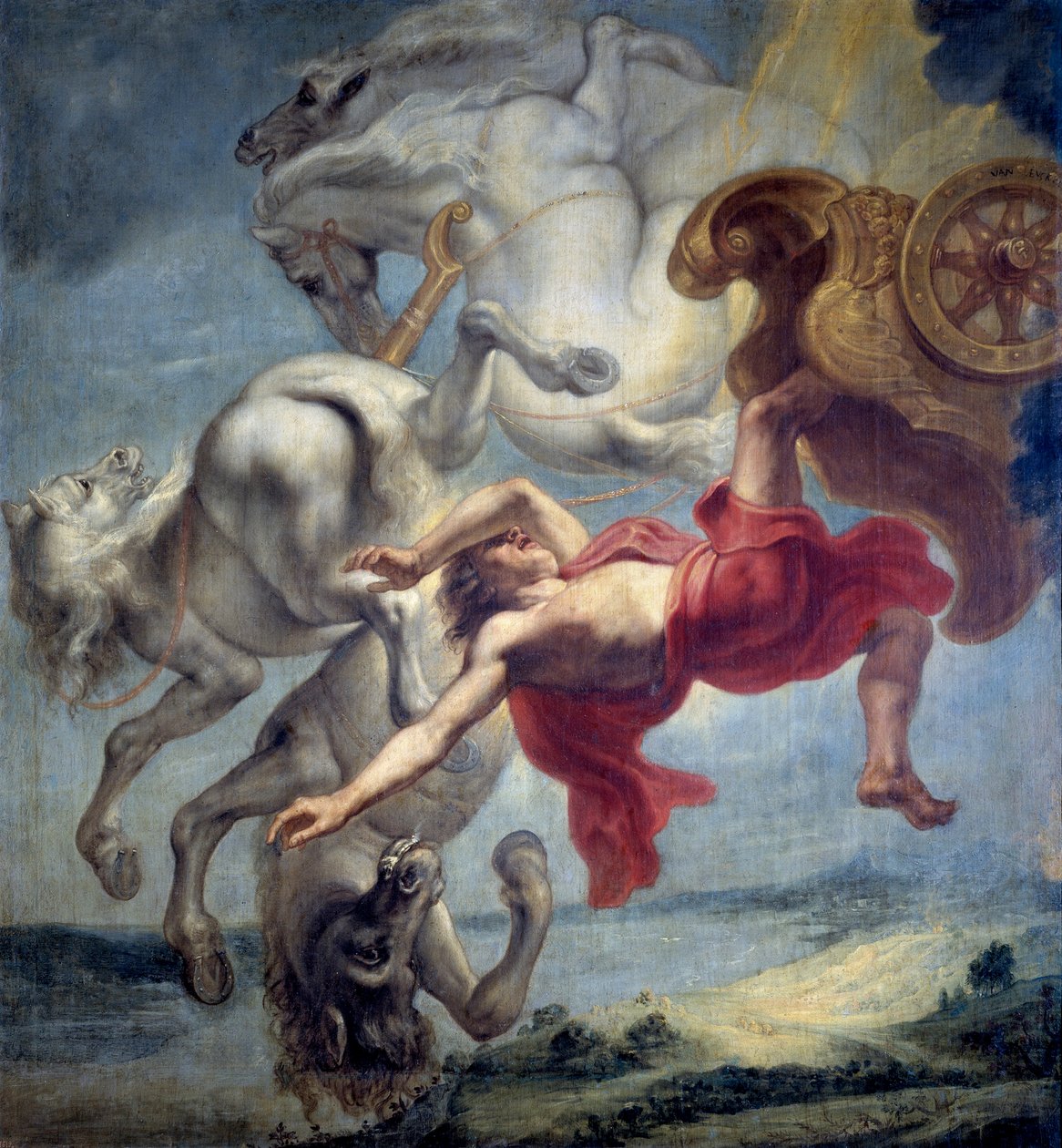 Der Sturz des Phaeton: Unfähig, den Wagen des Helios zu kontrollieren, wird Phaeton von Zeus getroffen und fällt in den Fluss Eridanus von Jan Carel van Eyck
