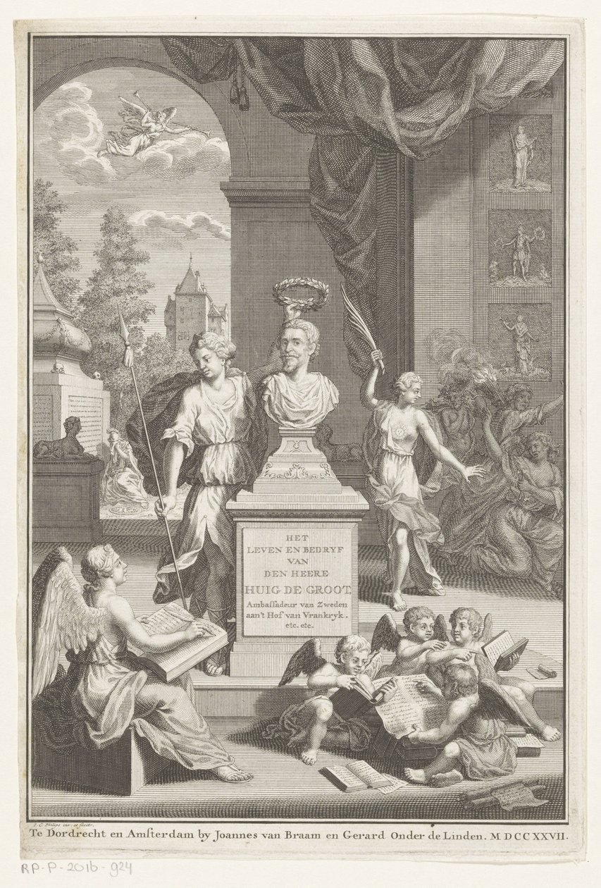 Büste von Hugo de Groot, gekrönt von Victoria von Jan Caspar Philips