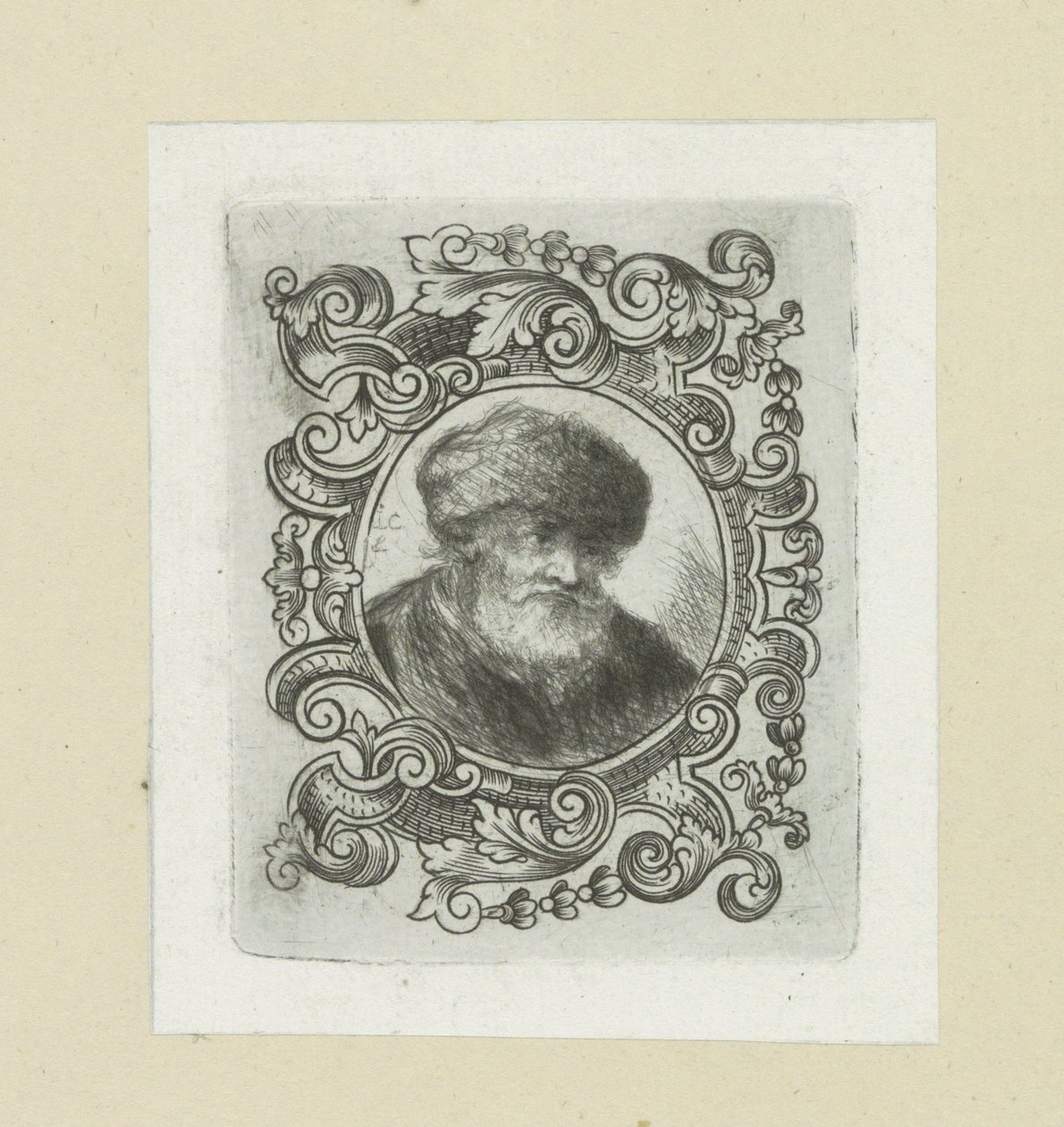 Alter Mann mit Pelzmütze in Ornamentrand von Jan Chalon
