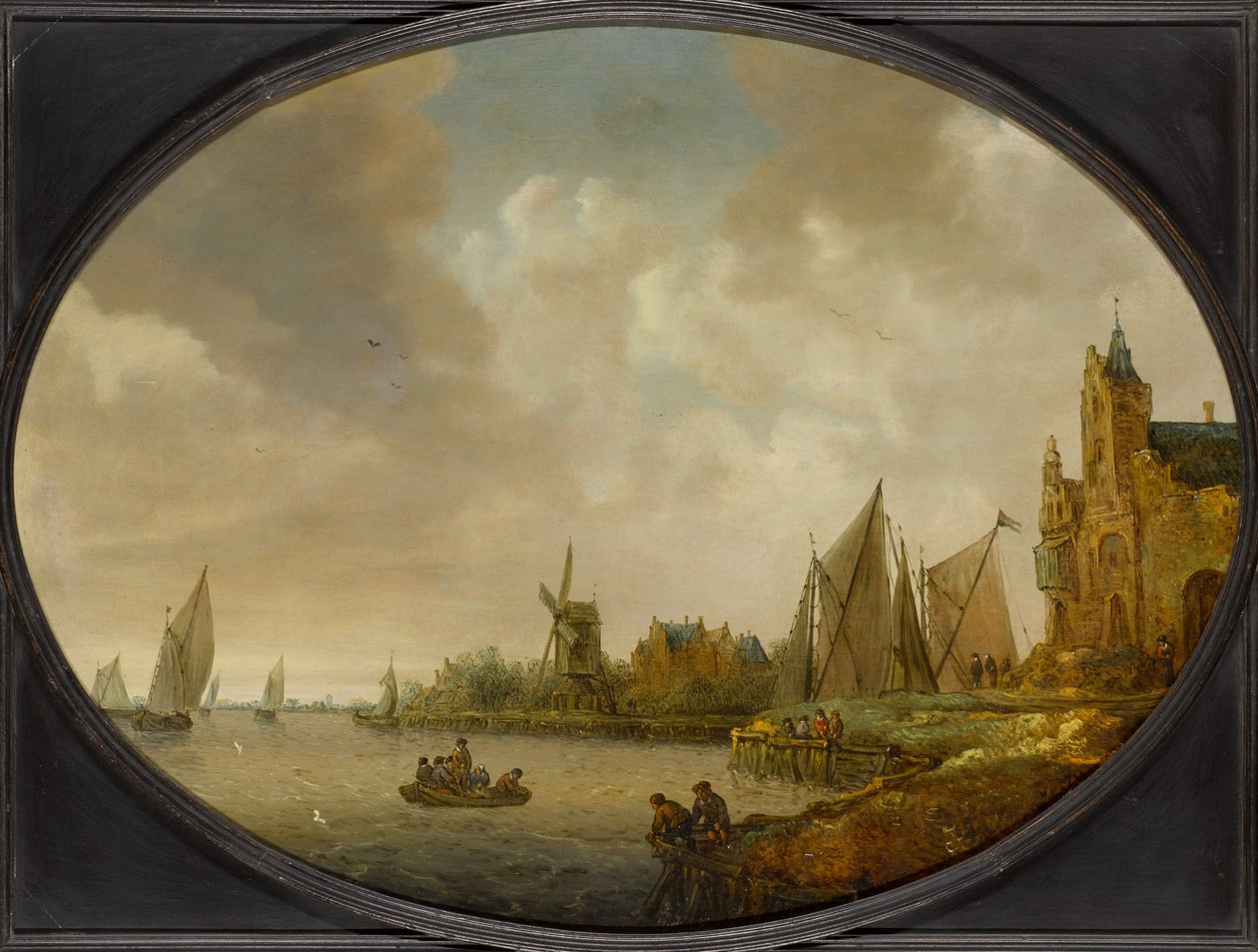 Flusslandschaft mit Windmühle, Hafenbau und Segelschiffen von Jan Coelenbier