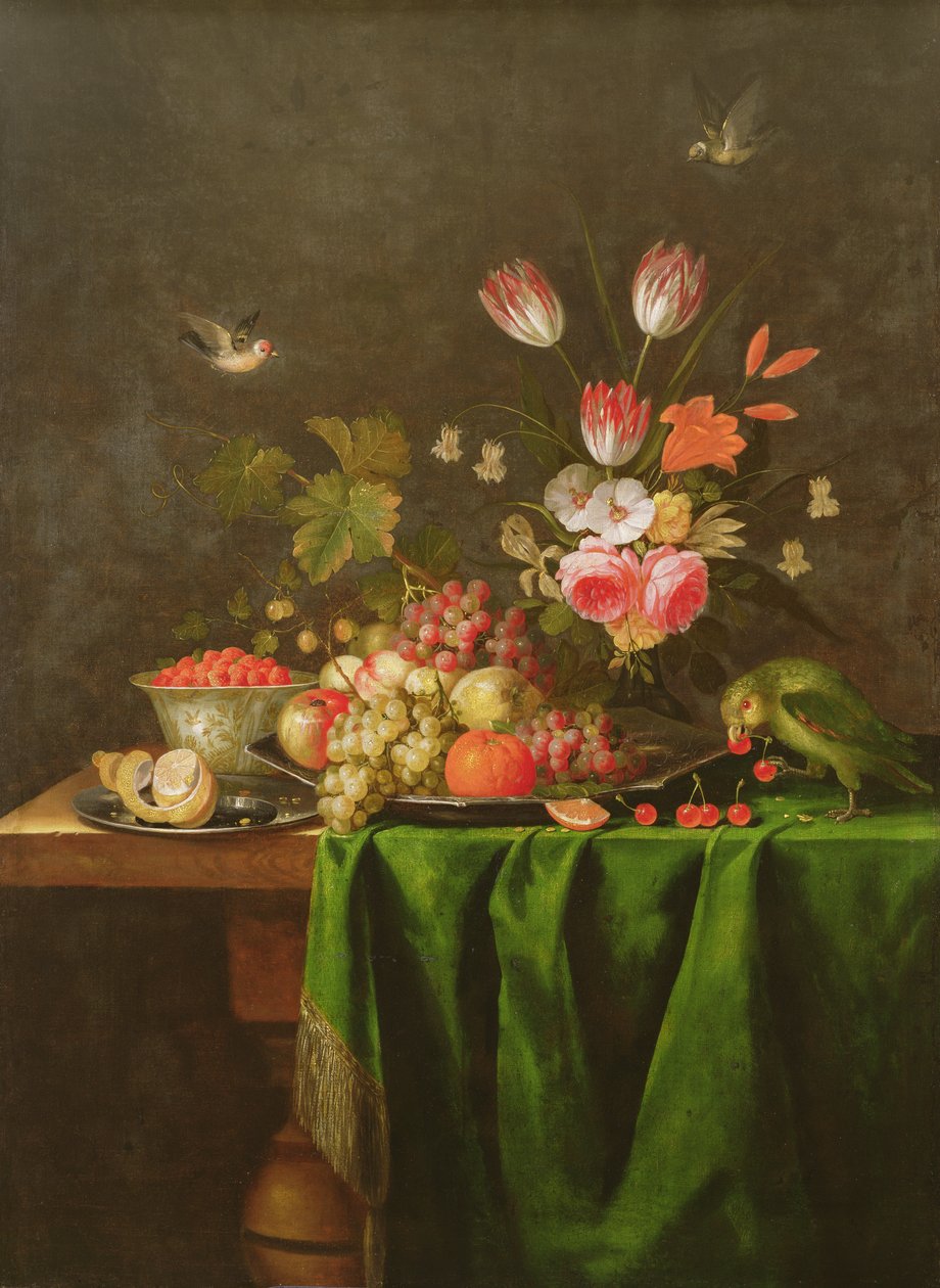 Stillleben mit Obst und Blumen mit einem Papagei auf einem Tisch mit grünem Tuch von Jan Davidsz de Heem