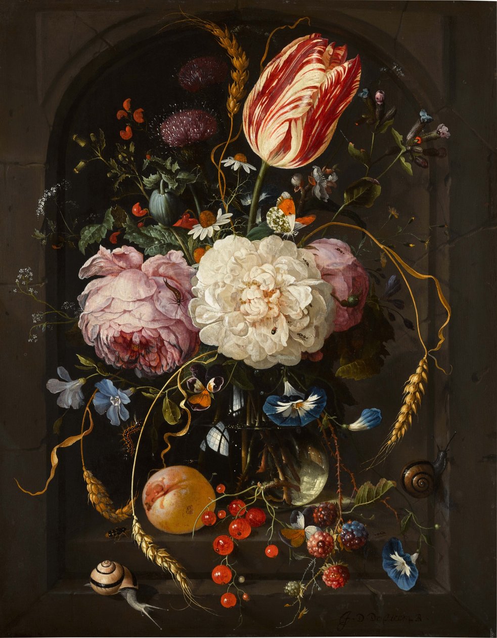Stillleben von Blumen in einer Glasvase mit Insekten und Früchten in einer Steinnische von Jan Davidsz. de Heem