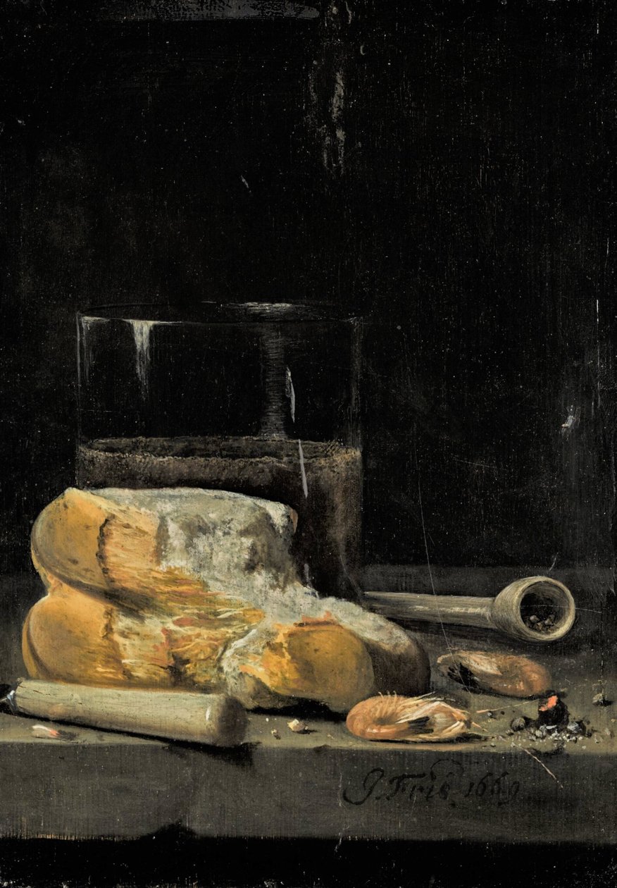 Stillleben mit Brot, Garnelen, einer Pfeife und einem Glas Bier auf einem Tisch von Jan Fris