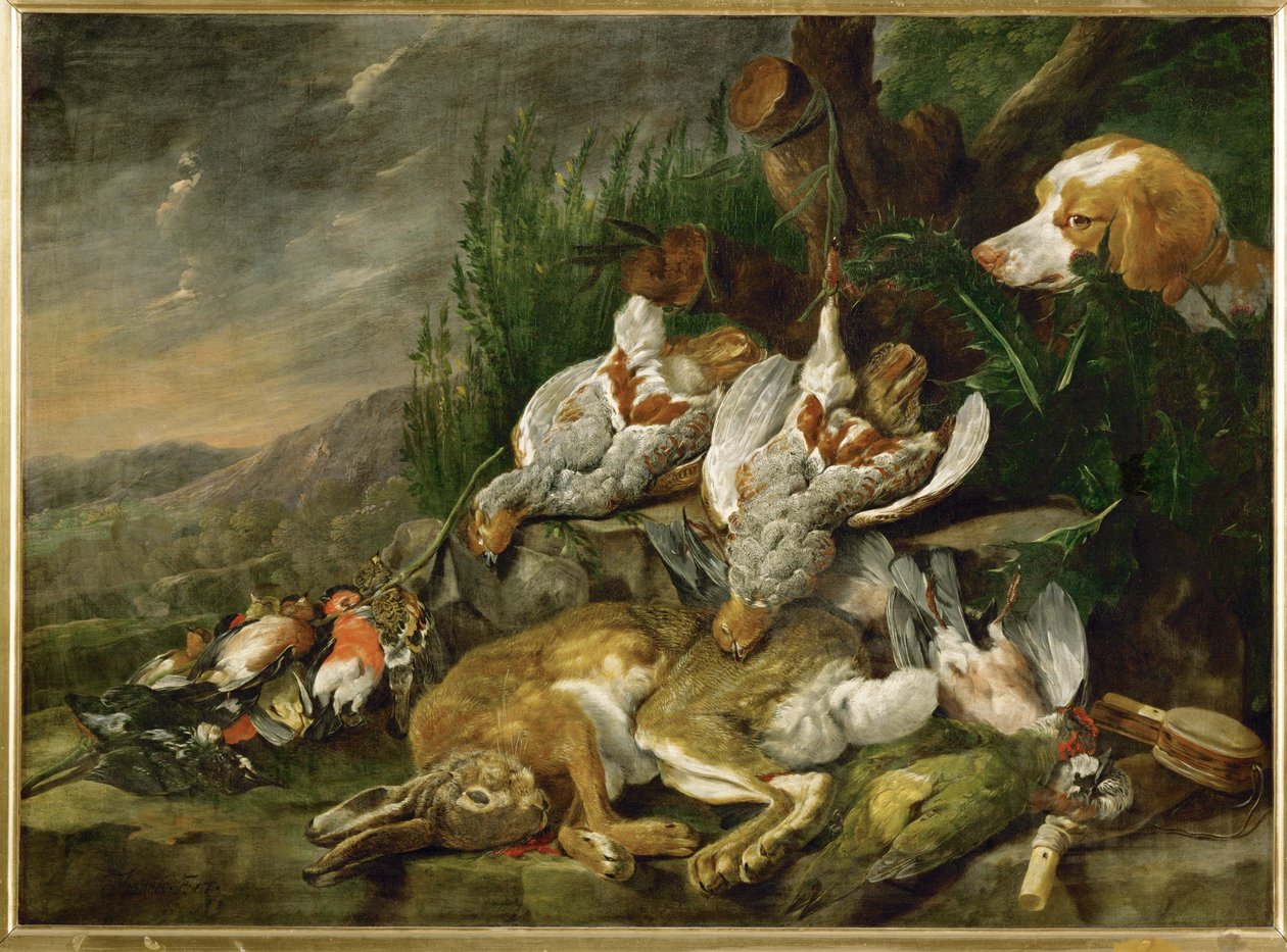 Hasen und Geflügel von einem Hund beobachtet von Jan Fyt