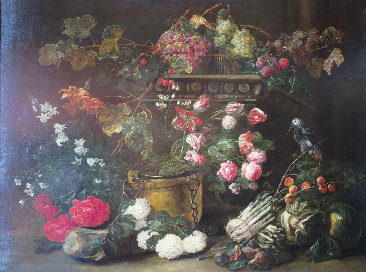 Stillleben mit Blumen, Früchten und einem Papagei von Jan Fyt