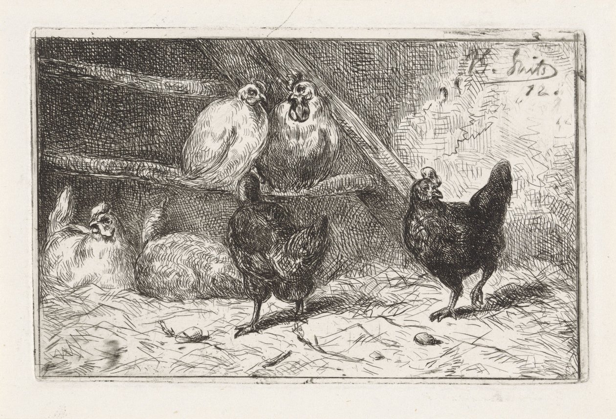 Hahn und fünf Hühner in einem Käfig von Jan Gerard Smits