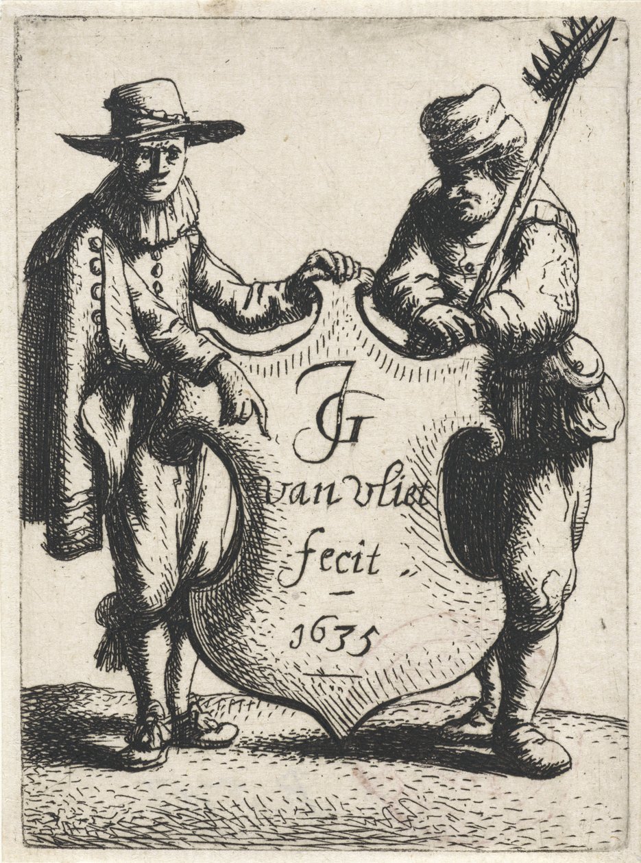Eleganter Mann und ein Schornsteinfeger bei einem Wappenschild von Jan Gillisz. van Vliet
