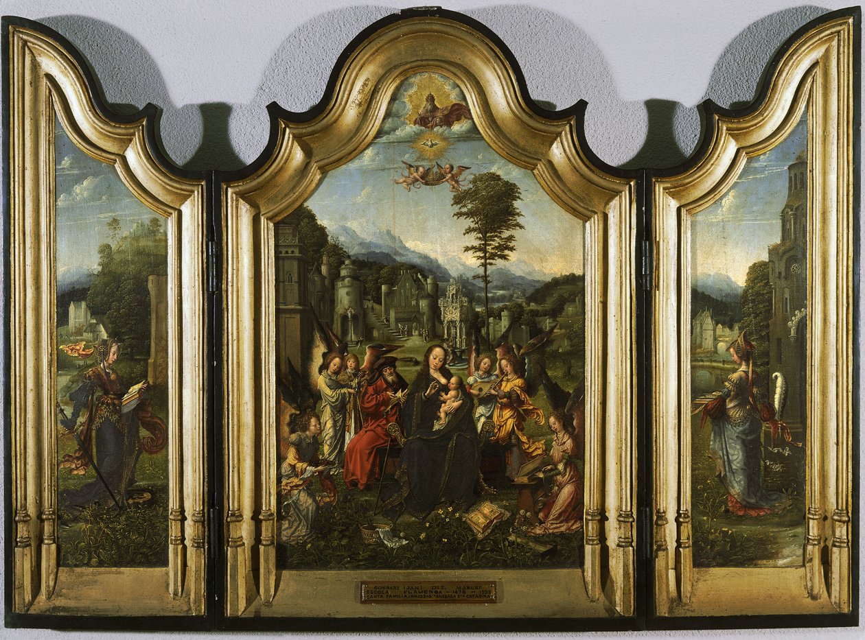 Die Heilige Familie mit der Heiligen Katharina und der Heiligen Barbara Triptychon, ca. 1505 von Jan Gossaert