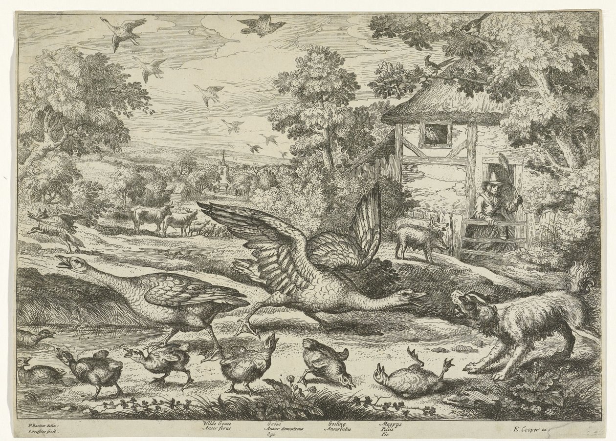 Landschaft mit zwei Gänsen, die ihre Jungen verteidigen von Jan Griffier (I)