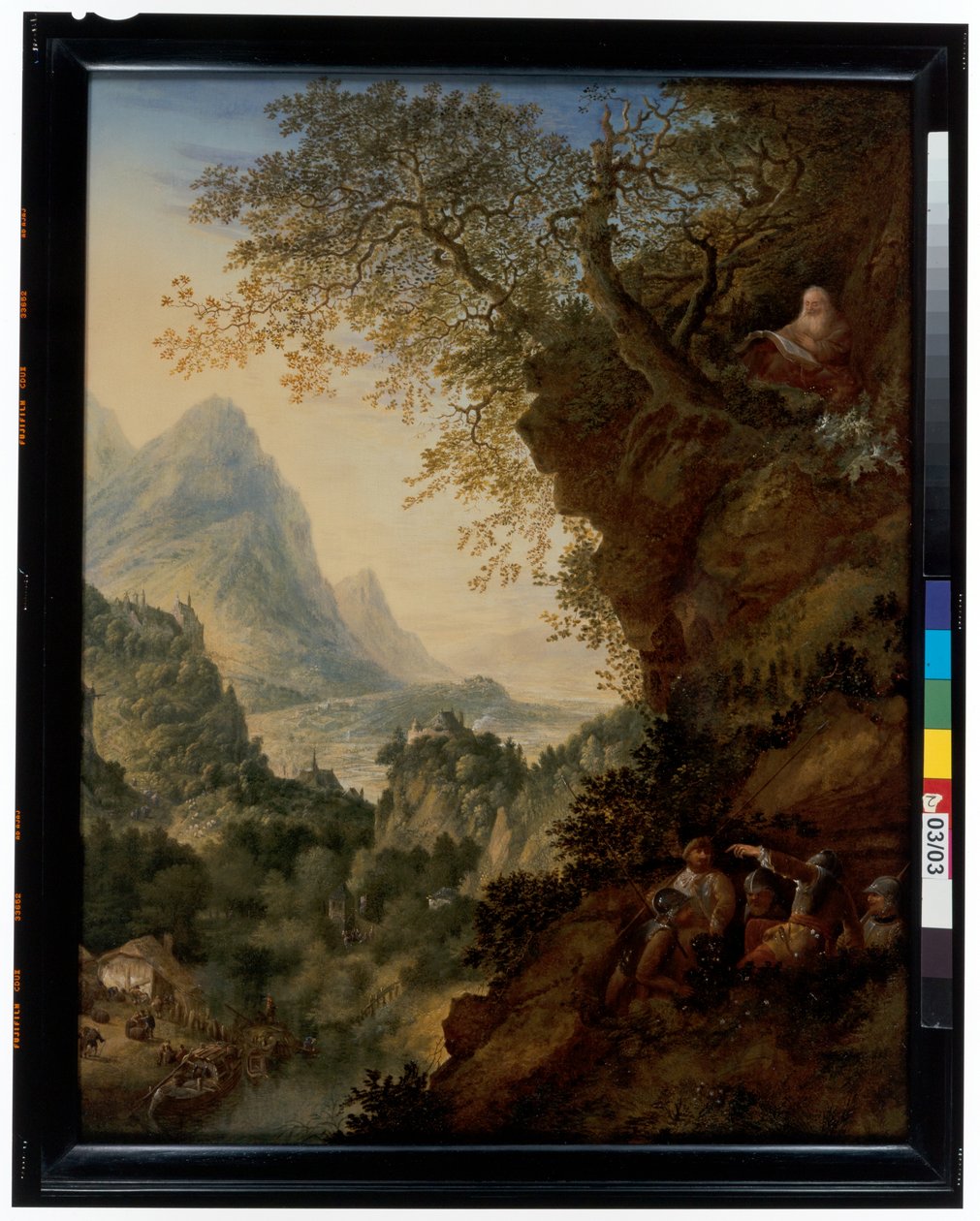 Eine Rheinlandschaft mit einem Einsiedler und Soldaten von Jan Griffier