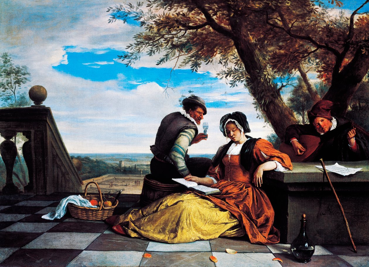 Zwei Männer und eine junge Frau machen Musik auf der Terrasse von Jan Havicksz. Steen
