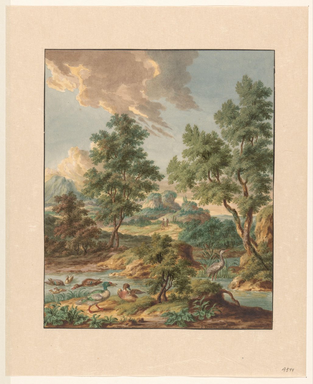 Landschaft mit Wasservögeln in einem Teich von Jan Hendrik Troost van Groenendoelen