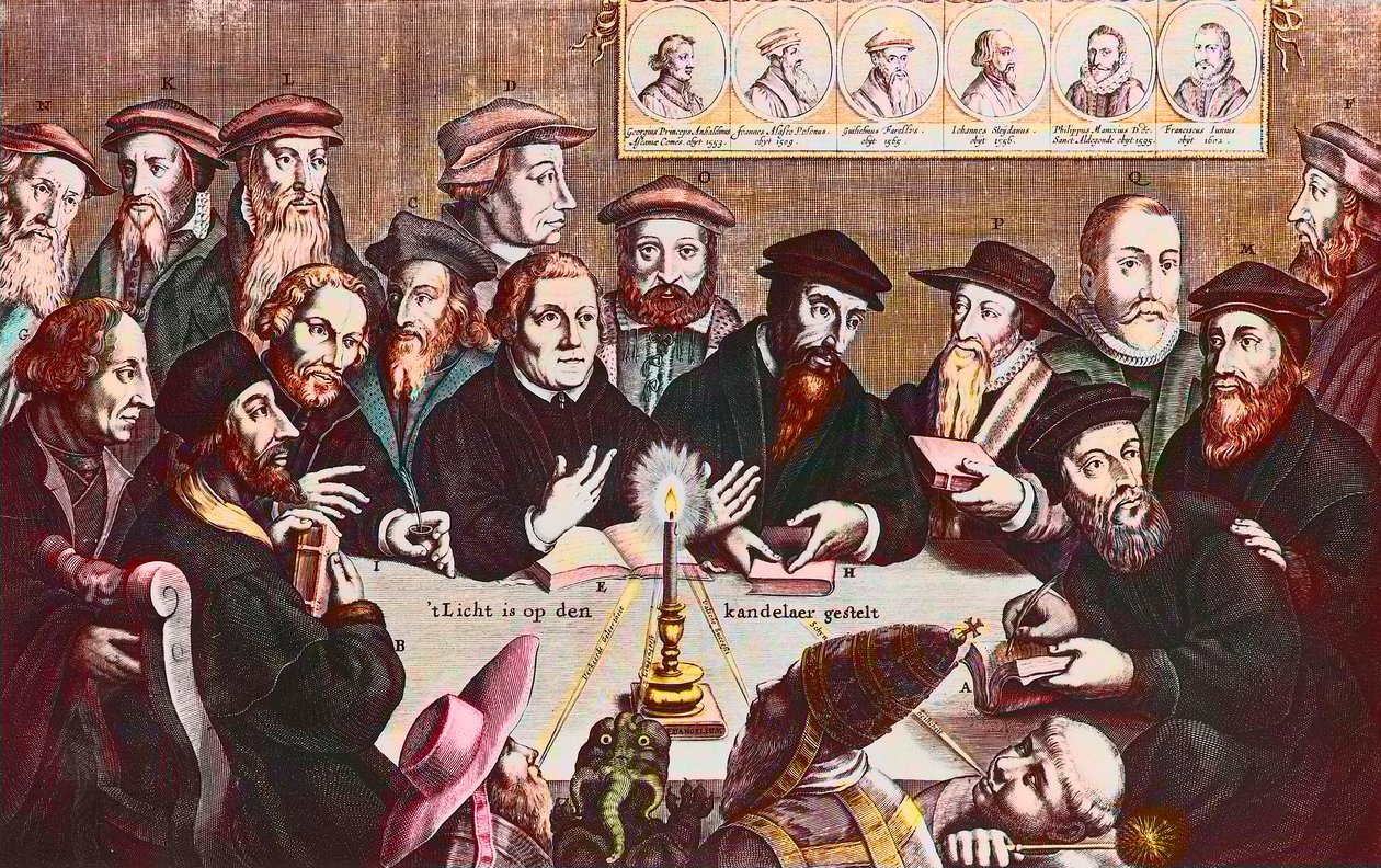 Das Licht wird auf den Leuchter gestellt - Kupferstich von Jan Houwens, der die Reformatoren John Calvin und Martin Luther zeigt. Imaginäres Treffen der Reformatoren: John Wyclif von Jan Houwens