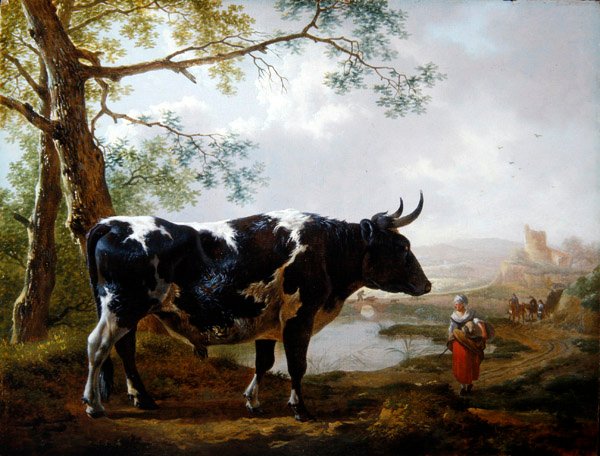 Ein Preisbulle in einer grünen Landschaft von Jan II Kobell
