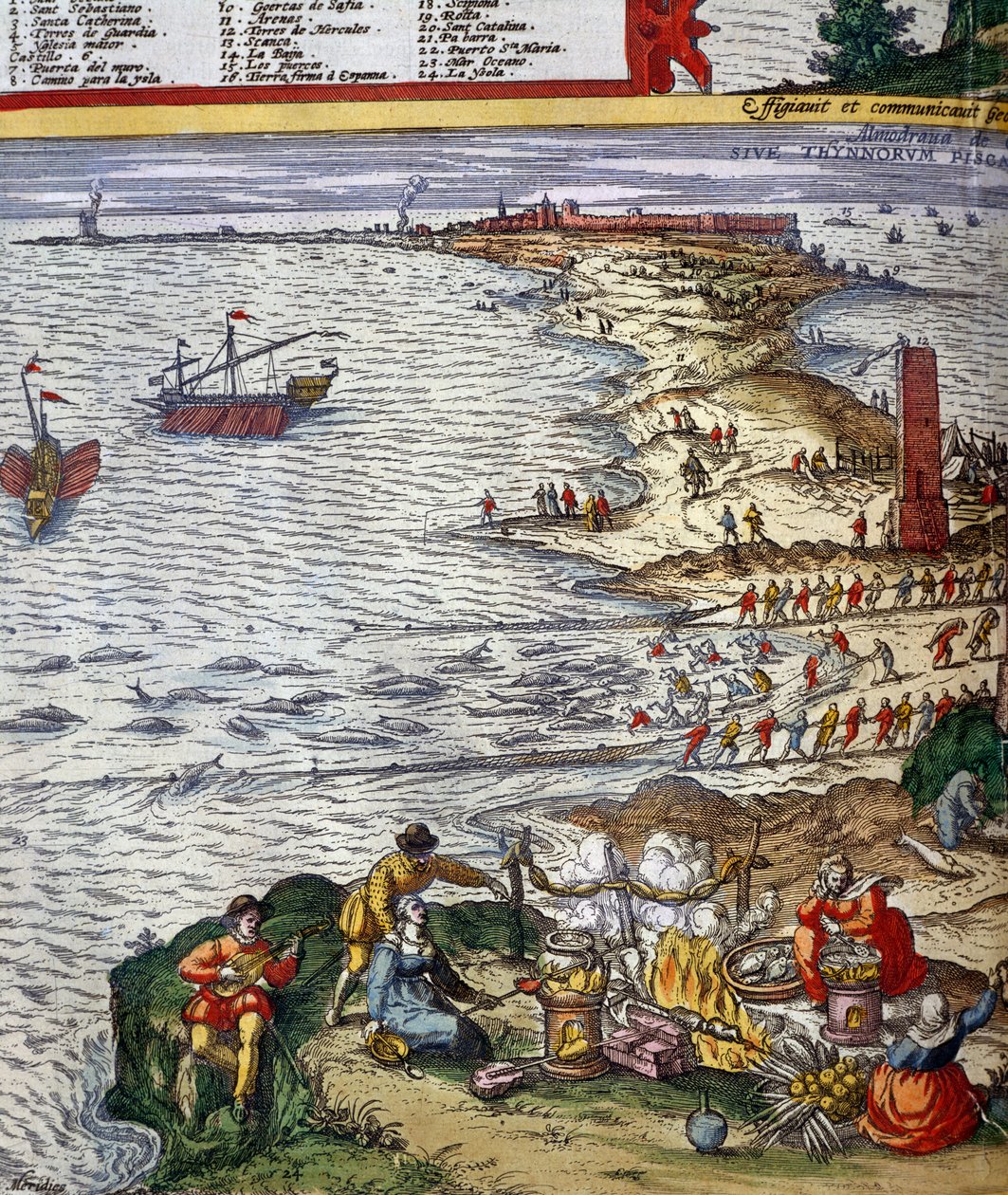 Fischereiszene und Fischvorbereitung in der Hafenstadt Cádiz von Jan Janssonius