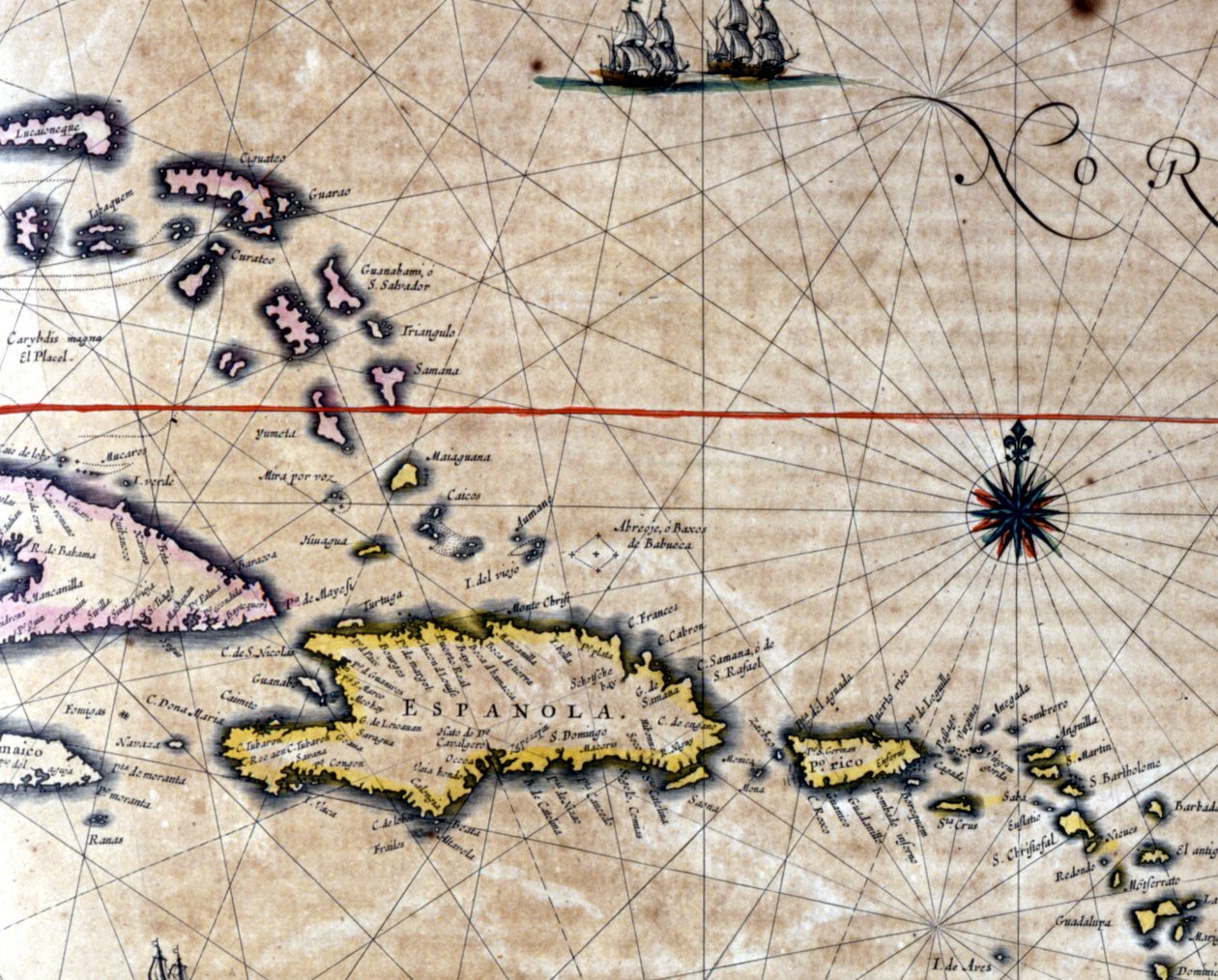 Die Karibik und Turtle Island (Nordwesten von Santo Domingo) auf einer Karte des niederländischen Kartographen Jansson Janssonius, 17. Jahrhundert von Jan Janssonius