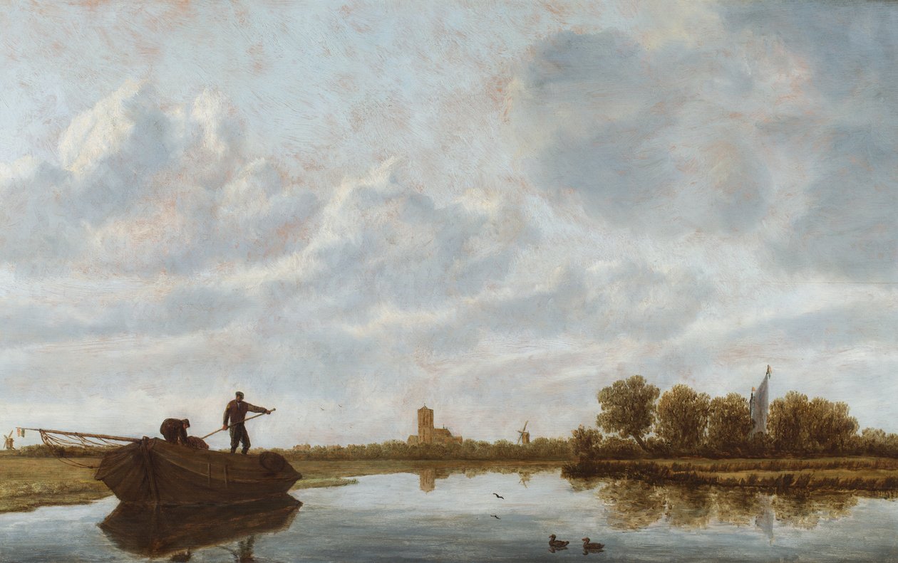 Männer auf einem Lastkahn in einer Flusslandschaft mit einer entfernten Kirche von Jan Josefsz. van (circle of) Goyen