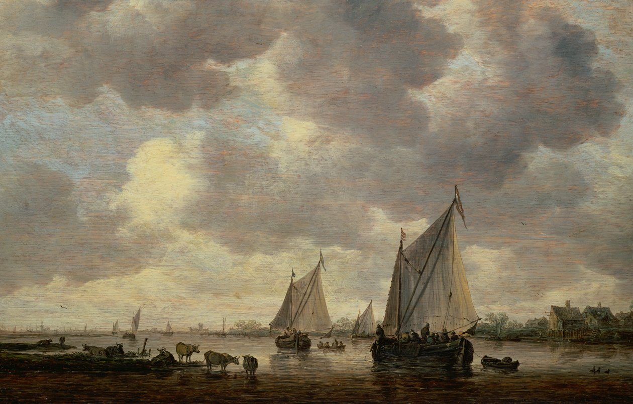 Ein Kanal in Holland oder zwei große Segelschiffe und Vieh in der Nähe eines Flusses von Jan Josephsz van Goyen