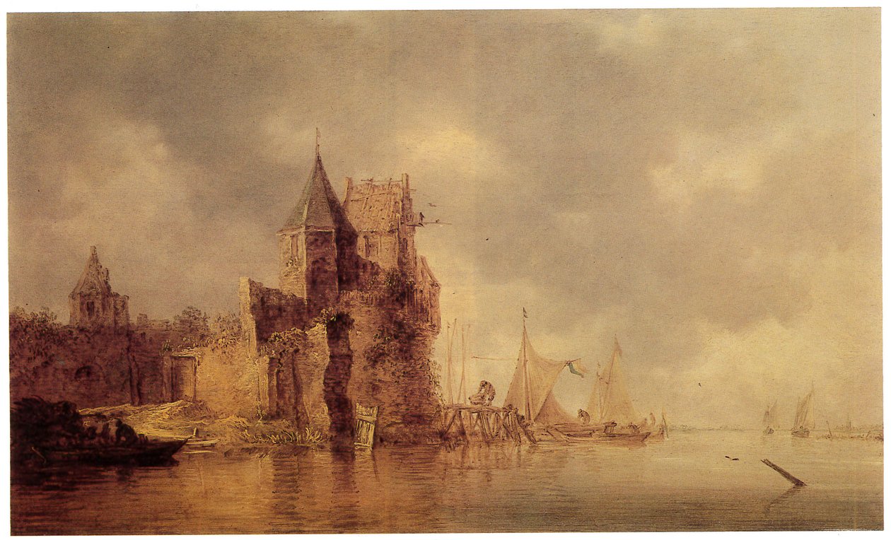 Ein mittelalterlicher Turm auf einer Burgmauer mit Segelschiffen an einem Steg und einem Ruderboot im Vordergrund, ca. 1642 von Jan Josephsz van Goyen
