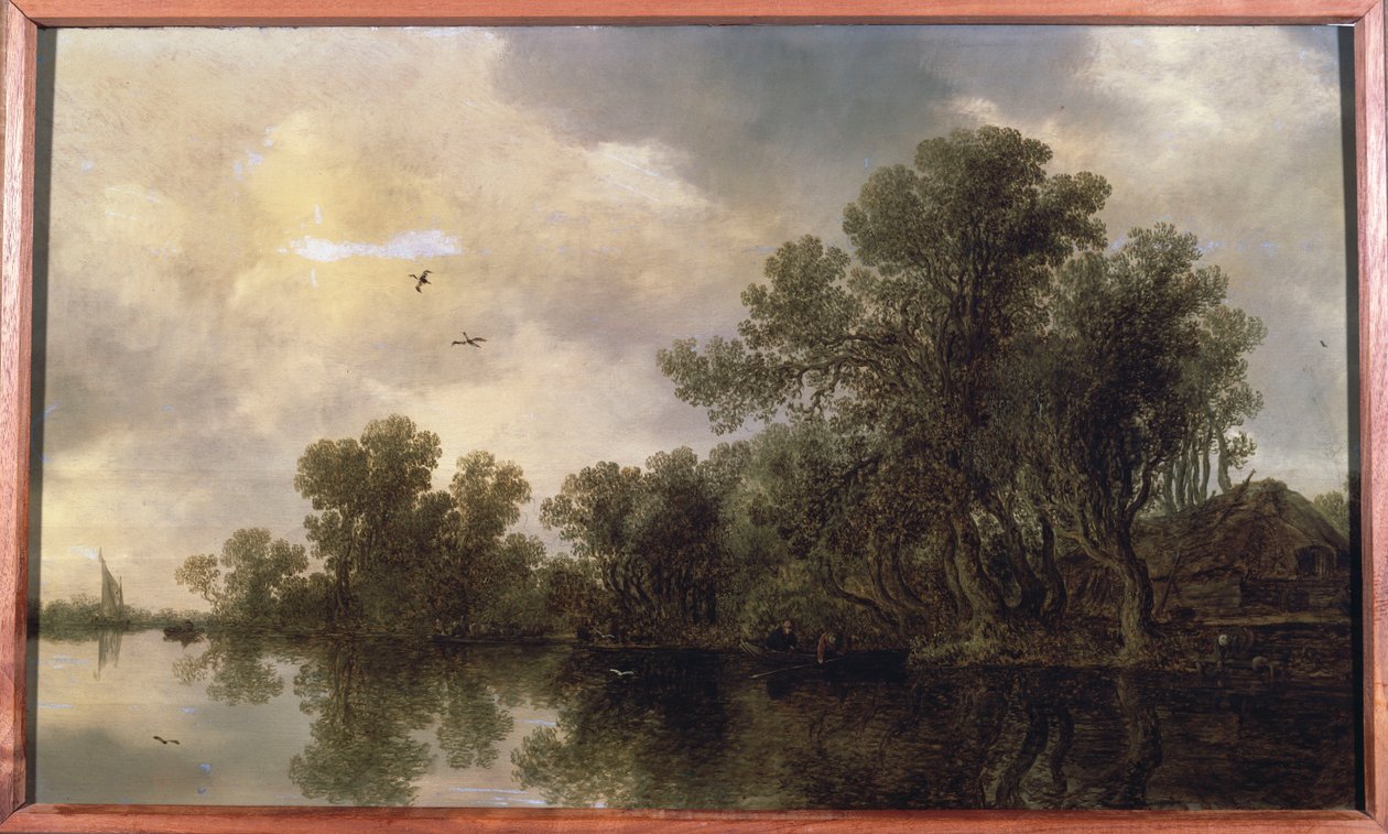 Eine bewaldete Flusslandschaft mit Bauern in einem Ruderboot bei einem Cottage und einer Fähre, ein Segelboot in der Ferne, 1633 von Jan Josephsz van Goyen