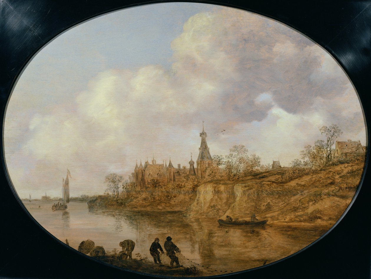 Drei Fischer ziehen ein Netz und Körbe am Ufer einer Flusslandschaft mit einem Schloss und einem Dorf in der Ferne von Jan Josephsz van Goyen