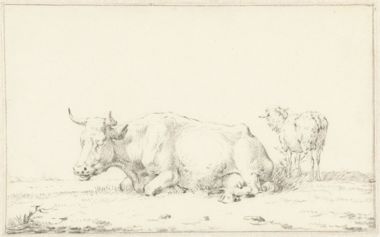 Liegende Kuh nach links und rechts ein Schaf von Jan Kobell (II)