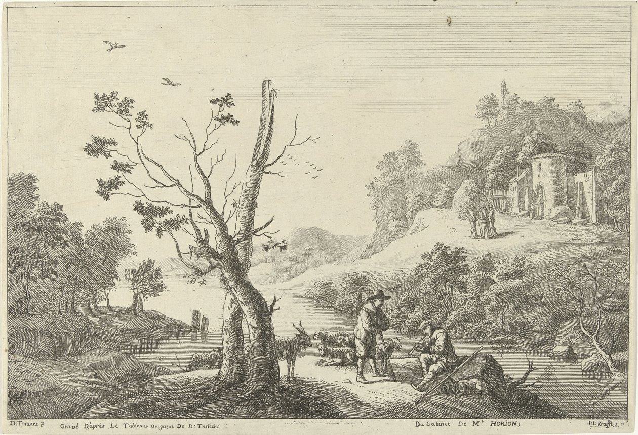 Landschaft mit einem Flötenspieler und einem Hirten von Jan Lauwryn Krafft (I)