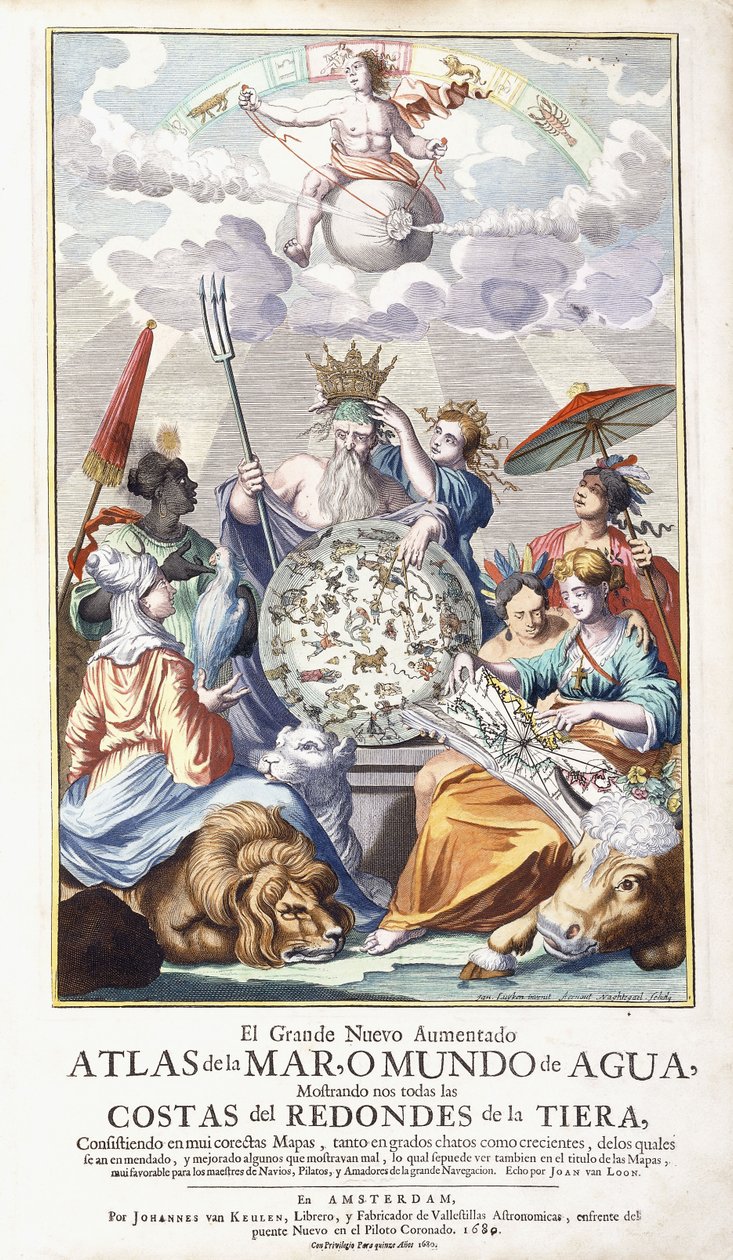 Allegorische Titelseite, aus "El Grande Nuevo Aumentado Atlas de la Mar", 1680 von Jan Luyken