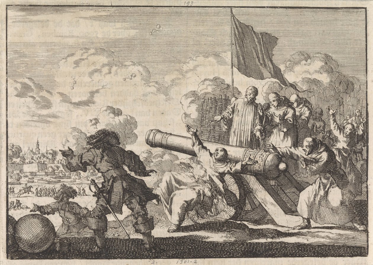Belagerung von Groningen, bei der eine Kanone von sechs Mönchen gesegnet wird, 1672 von Jan Luyken