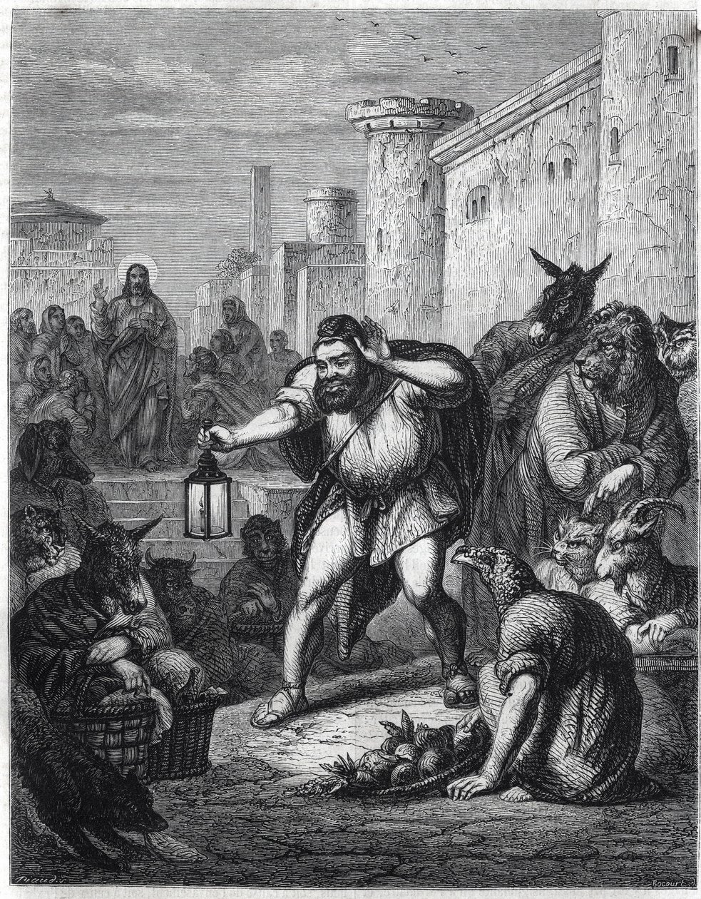 Äsop und Christus: der griechische Schriftsteller Äsop (6. Jahrhundert v. Chr.) mit einer Laterne in der Hand, durchquert einen Weg unter Figuren mit Tierköpfen auf der Suche nach 