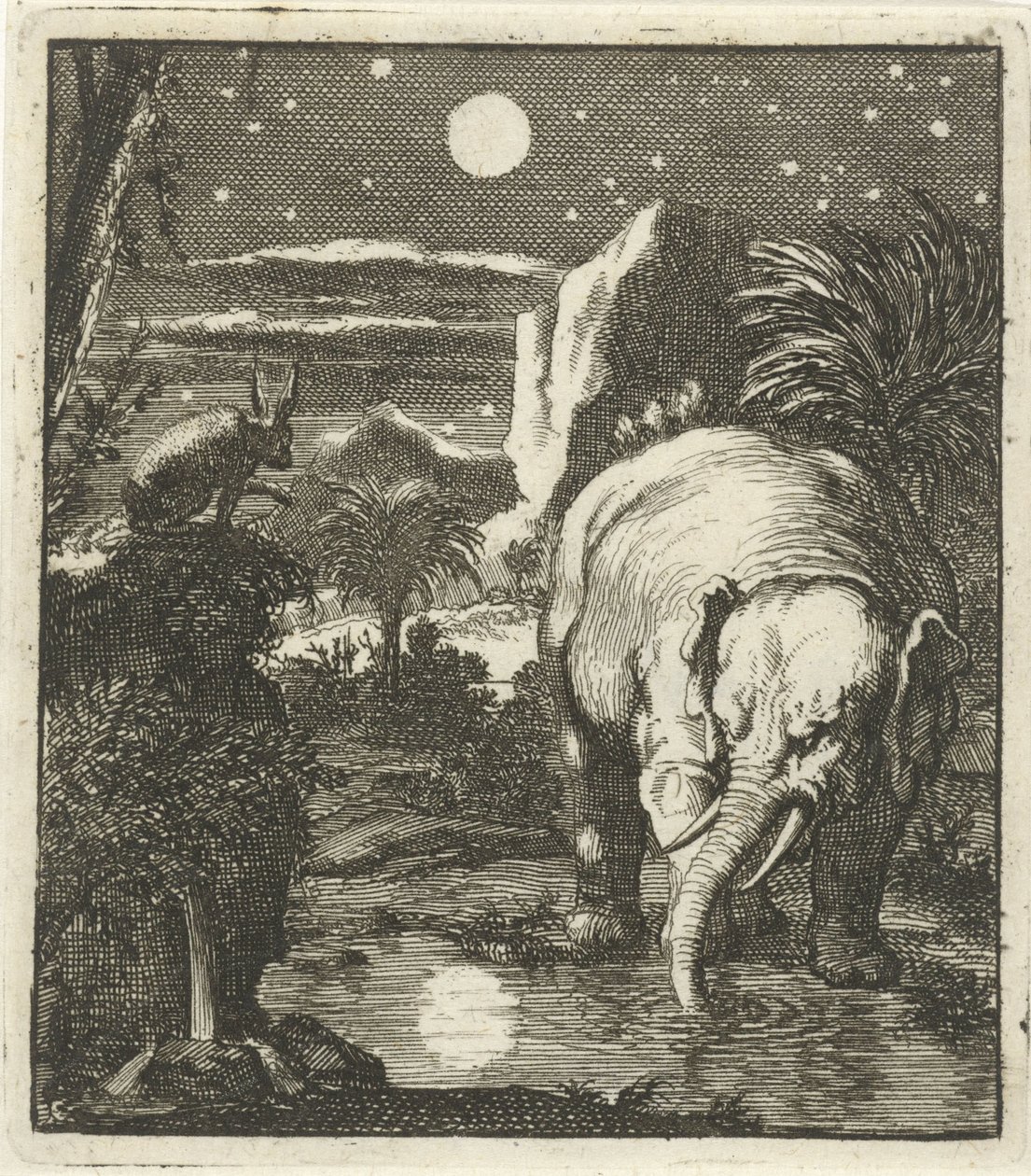 Hase und Elefant mit Vollmond an einer Wasserquelle von Jan Luyken