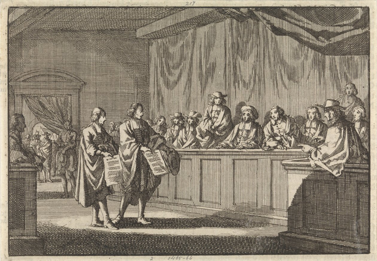 Reformierte Prediger Gilly und Courdil lesen auf der Synode in Sorges eine Erklärung vor, dass sie zur katholischen Kirche übertreten, 3. Juni 1683 von Jan Luyken