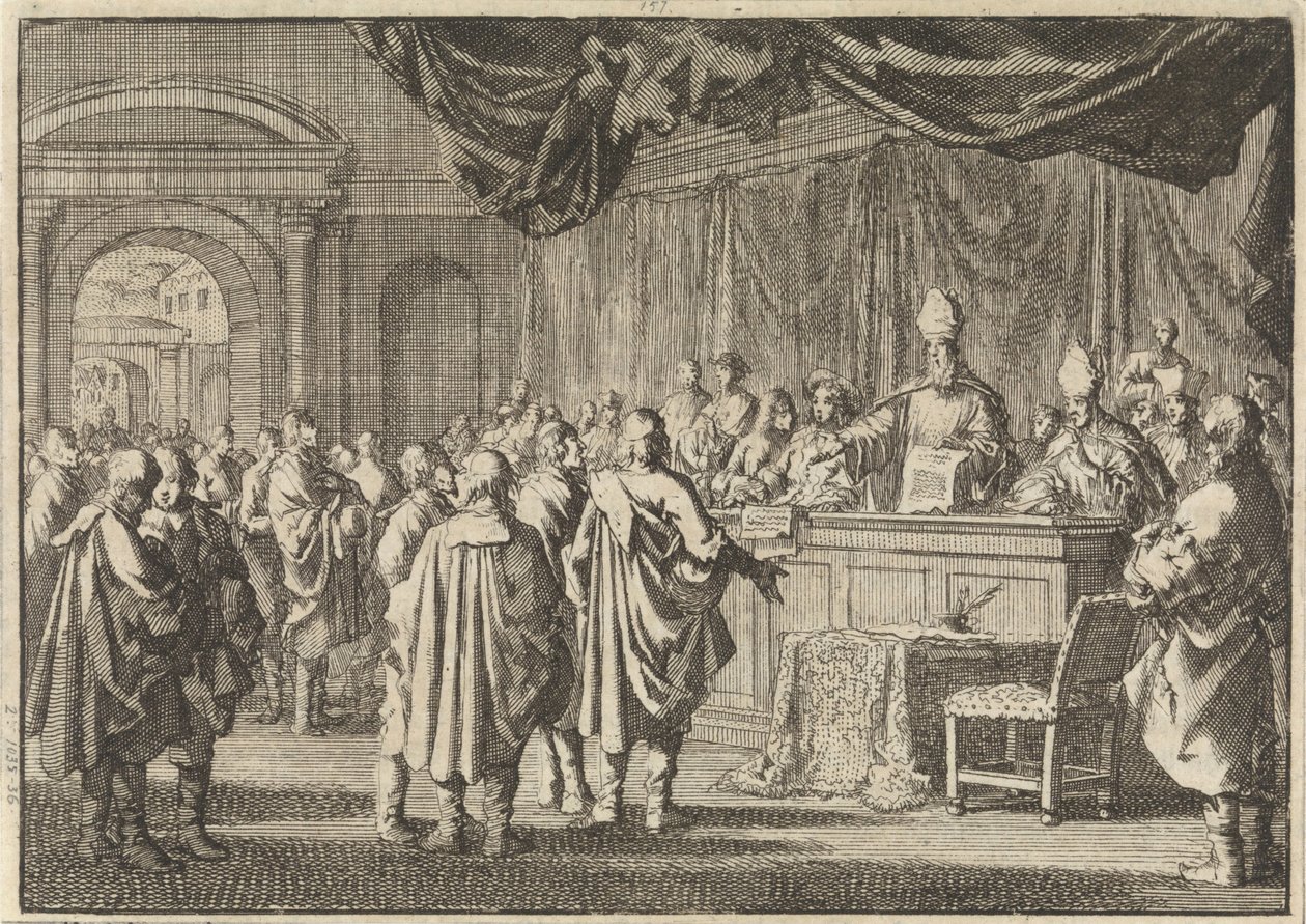 Reformierte in Ungarn vor einem Gericht von Bischöfen und anderen Katholiken, 1670 von Jan Luyken