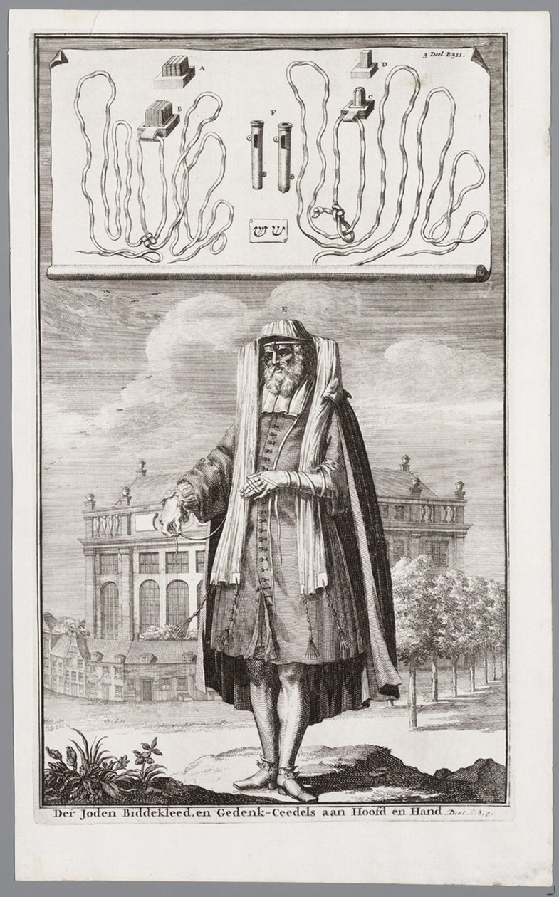 Jüdischer Mann, gekleidet zum Gebet. Im Hintergrund die Portugiesische Synagoge von Amsterdam von Jan Luyken