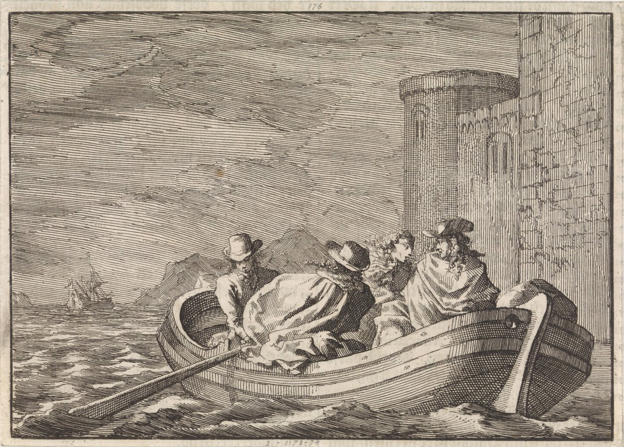 König Jakob II. flieht bei Nacht in einem Ruderboot, 1688 von Jan Luyken