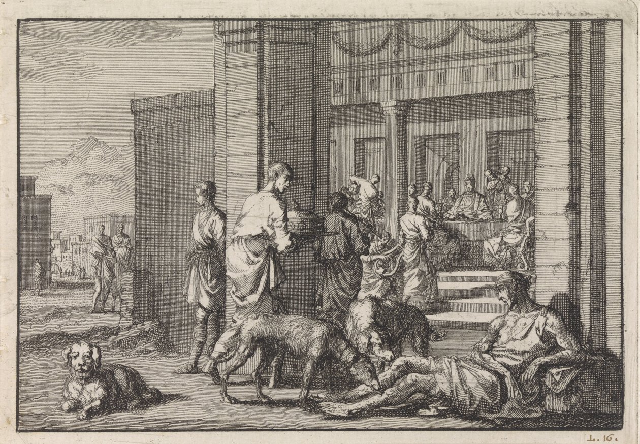 Lazarus bettelt am Festmahl des reichen Mannes von Jan Luyken