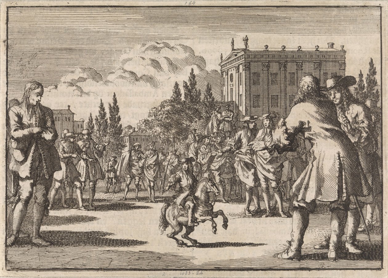 Auf einem Platz in Madrid hat sich eine Menge um Louisillo, den Zwerg des Königs von Spanien, versammelt, 1675 von Jan Luyken