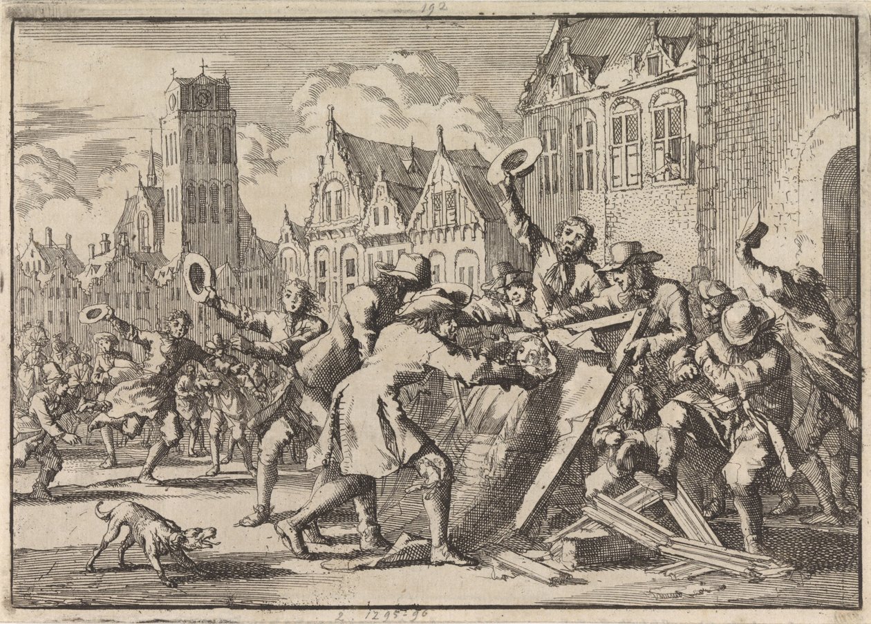 Aufruhr in Dordrecht, bei dem ein Bild von Cornelis de Witt vom Volk zerstört wird, 1672 von Jan Luyken