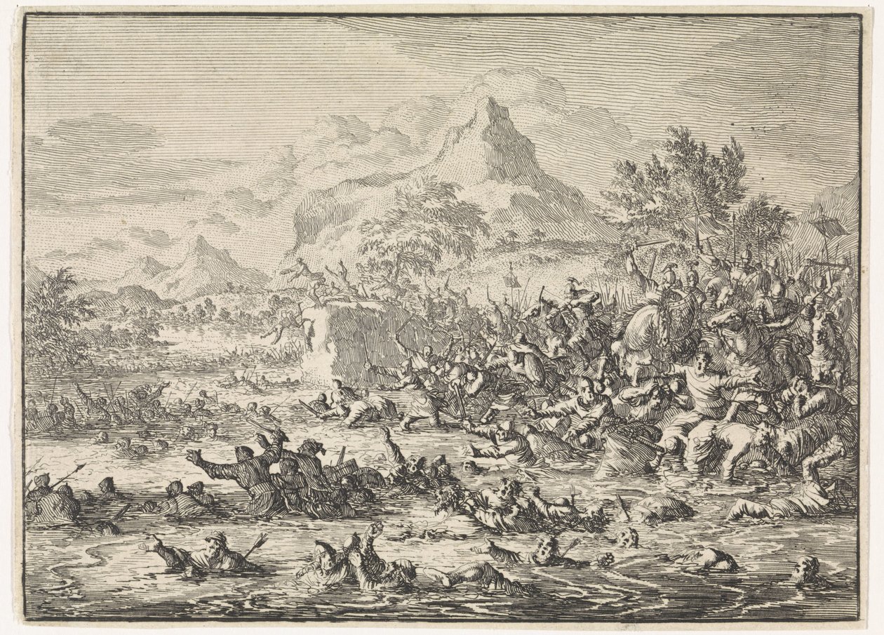 Placidus besiegt die Juden am Jordan und treibt sie in den Fluss von Jan Luyken