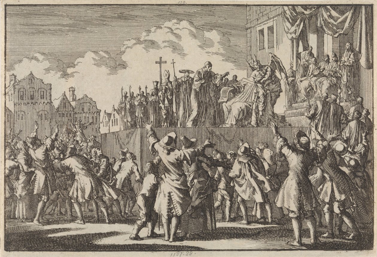 Straßenszene in Aberdeen, in der die katholische Religion verspottet wird, 1689 von Jan Luyken