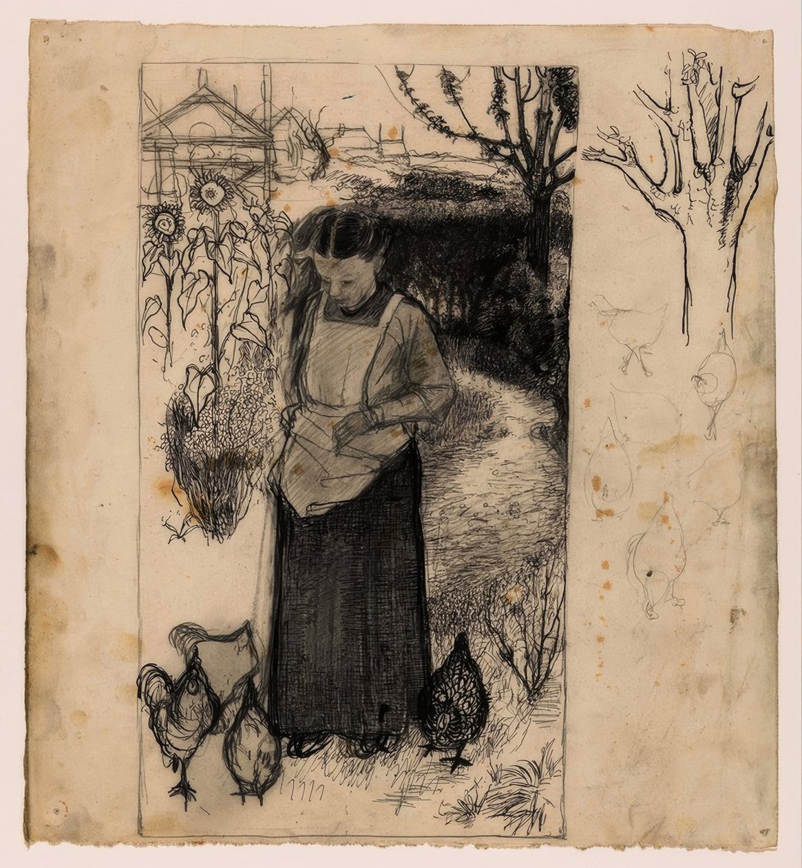 Annie Mankes-Zernike beim Hühner füttern, rechts: Studien eines Baumes und von Hühnern von Jan Mankes