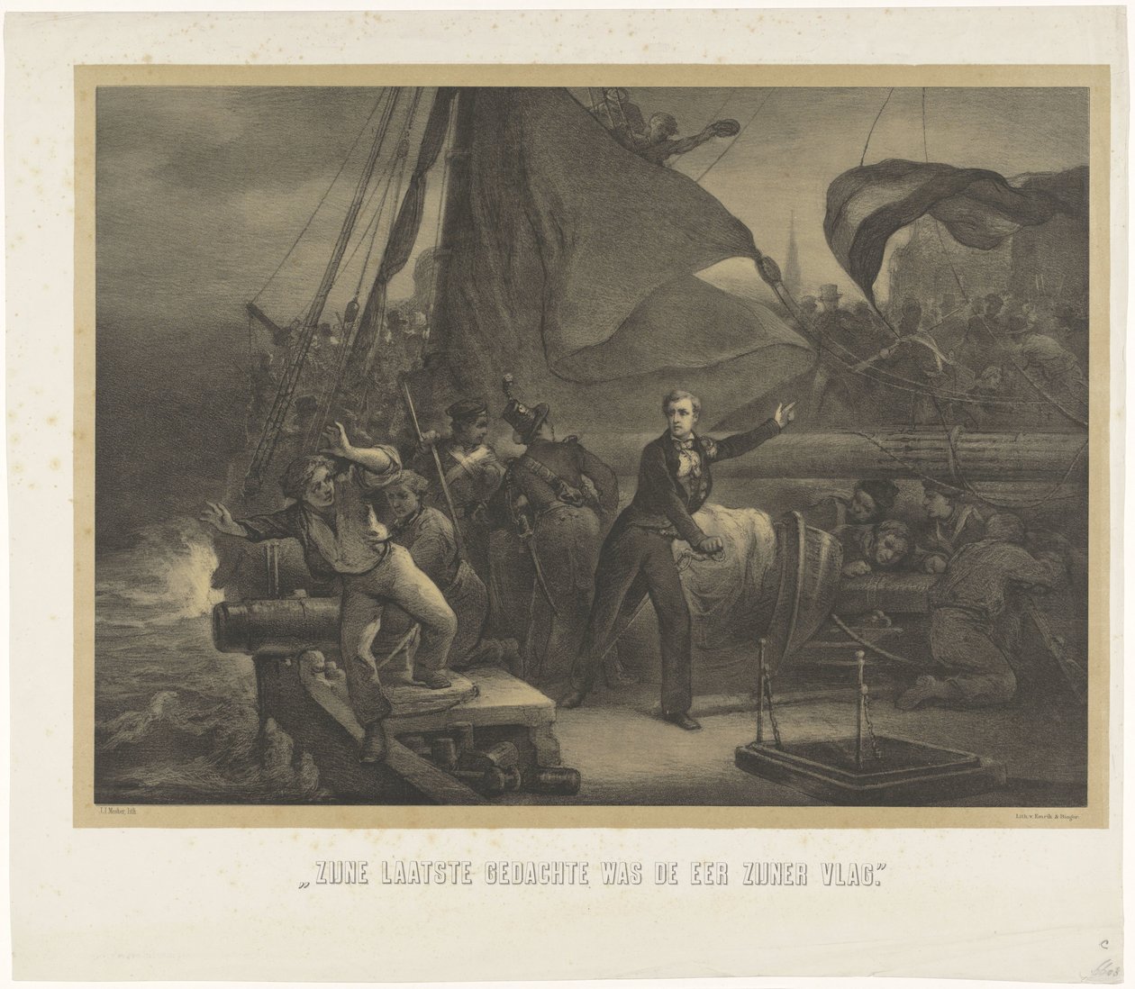 Jan van Speijk im Begriff, die Lunte in den Laderaum zu werfen, 1831 von Jan Mesker