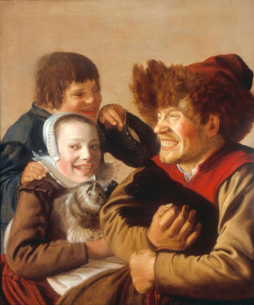 Ein zähnefletschender Mann mit Hund und ein Mädchen mit Katze von Jan Miense Molenaer