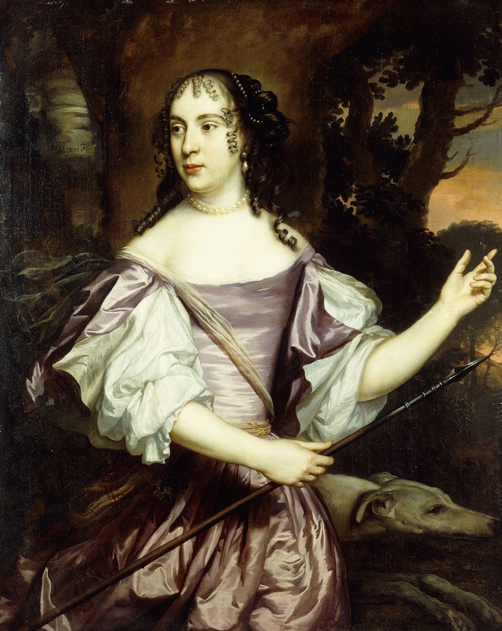 Porträt einer Dame, stehend, dreiviertel Länge, in einem Lavendel- und Weiß-Satin-Kleid von Jan Mytens