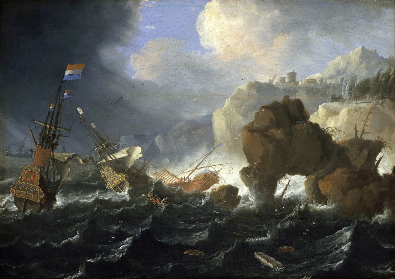 Ein niederländisches Schiff und eine Galeone laufen bei Sturm auf einer felsigen Küste auf Grund. Öl auf Holz, von Jan Peeters (1624-1677). von Jan Peeters