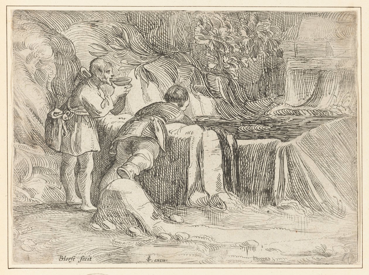 Zwei Männer bei einem Brunnen von Jan Philipsz. van Bouckhorst